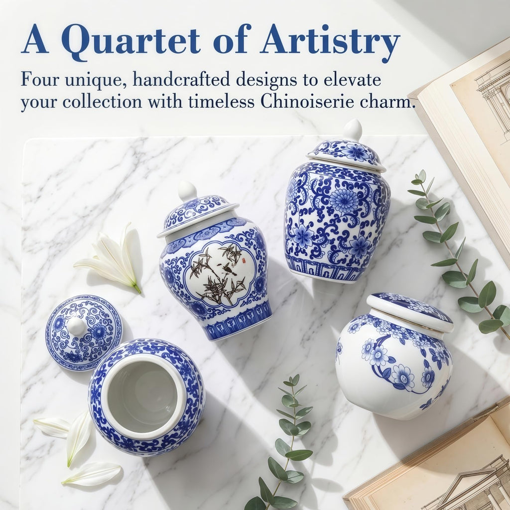 4 Pack Small Blue and White Vases, Ceramic Chinoiserie Ginger Jars with Lid, Tiny Chinese Traditional Floral Vase