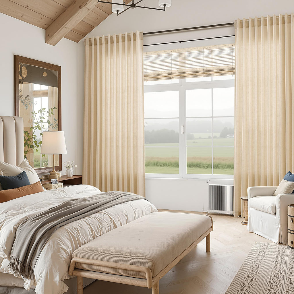 Extra Long Curtain 108 Inches Long Set Back Tab Tan Linen Drapes Neutral Farmhouse Light Filtering Semi Sheer Linen