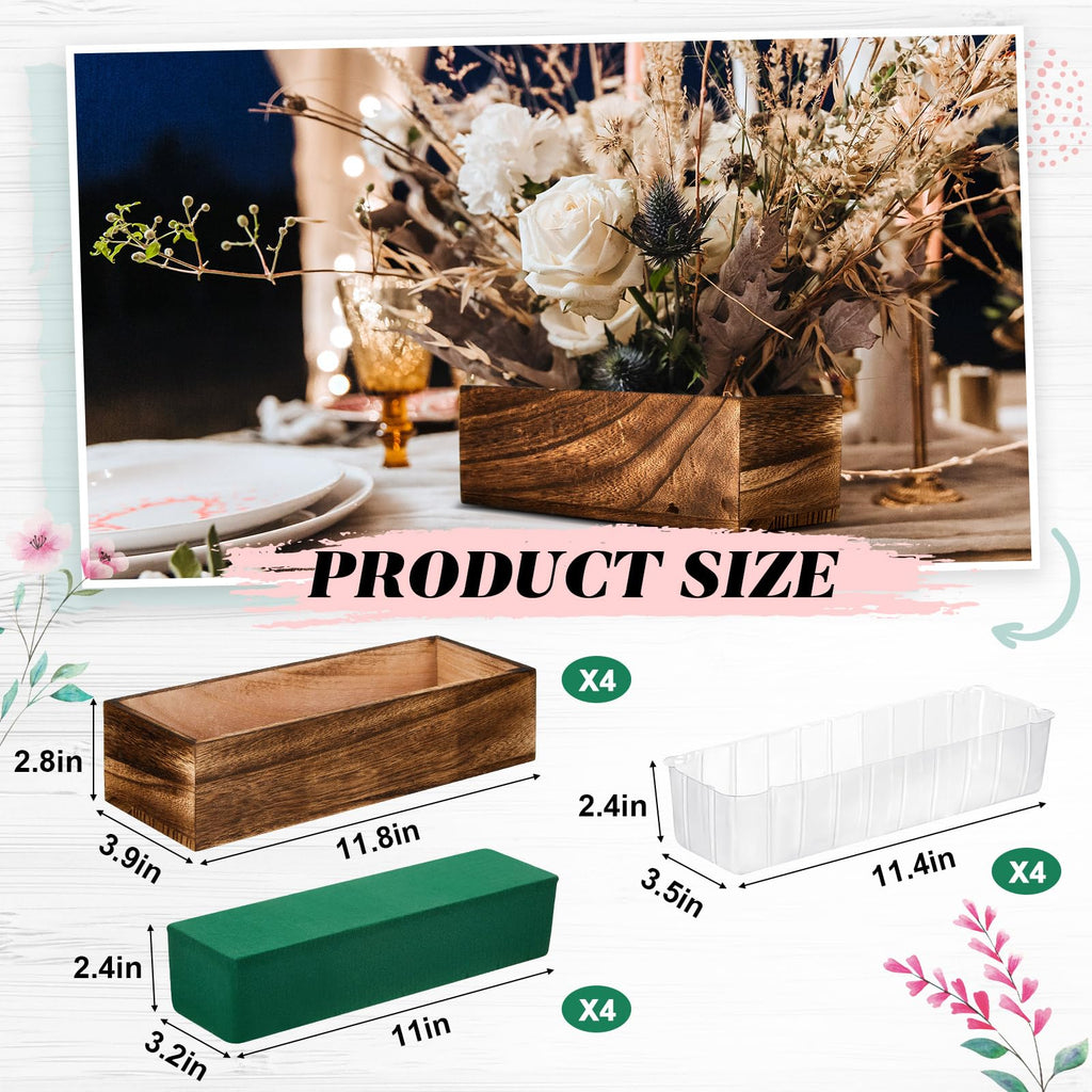 4 Set Wood Rectangle Boxes 12x4 Inch Rustic Planter with Liner