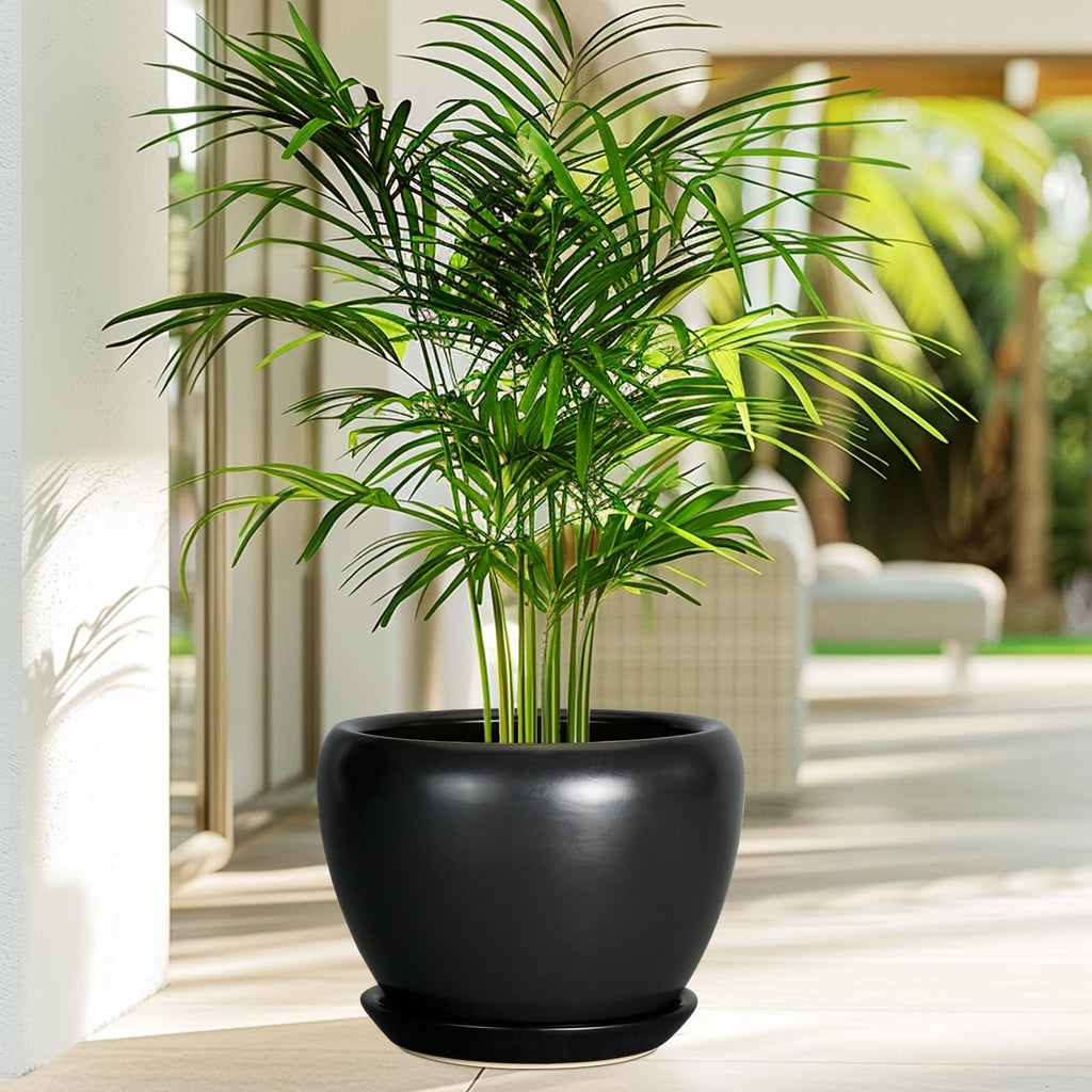 Ceramic Planter Pot - 8 Inch Plant Pot with Drainage Hole and Saucer Round Planter for Indoor Plants Modern Outdoor