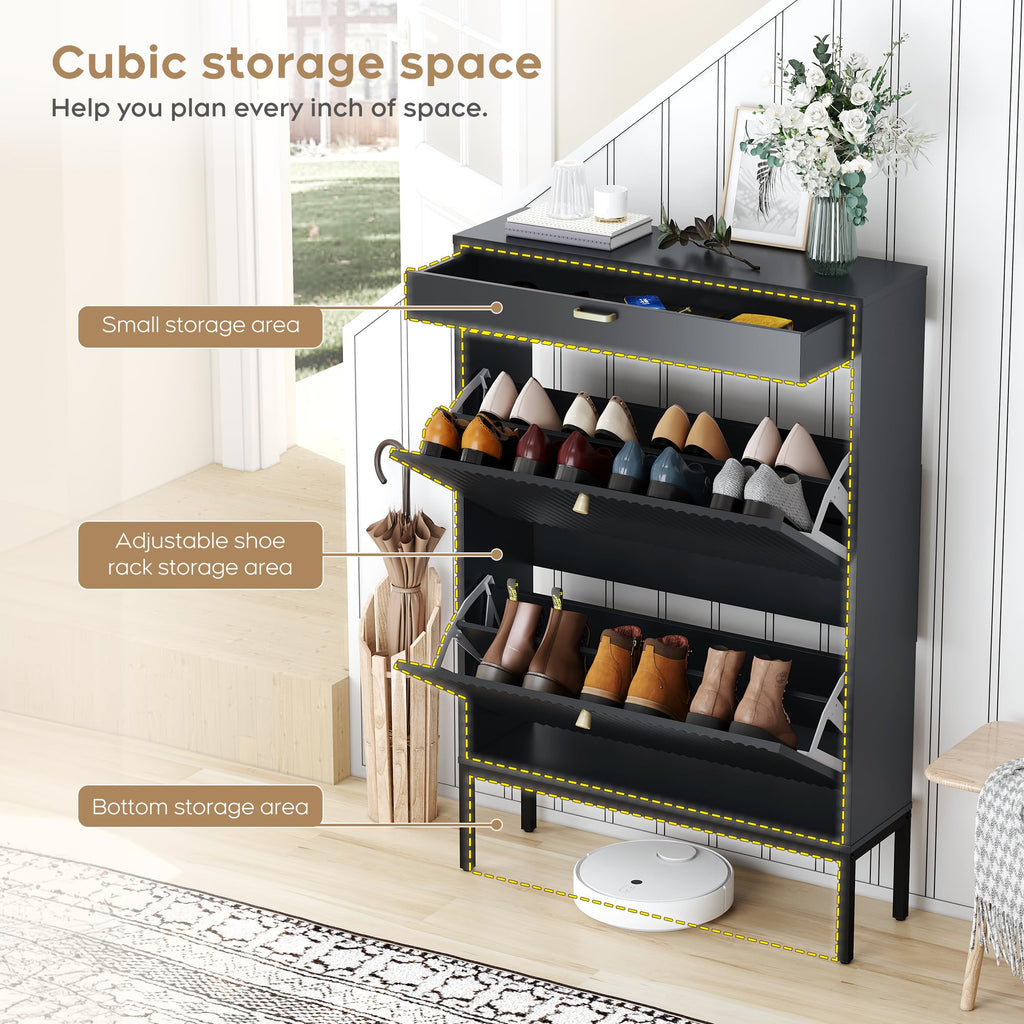 Shoe Rack Storage Organizer, Shoe Storage Cabinet with 2 Flip Drawers&1 Small Drawer, Slim Entryway Shoe Organizer