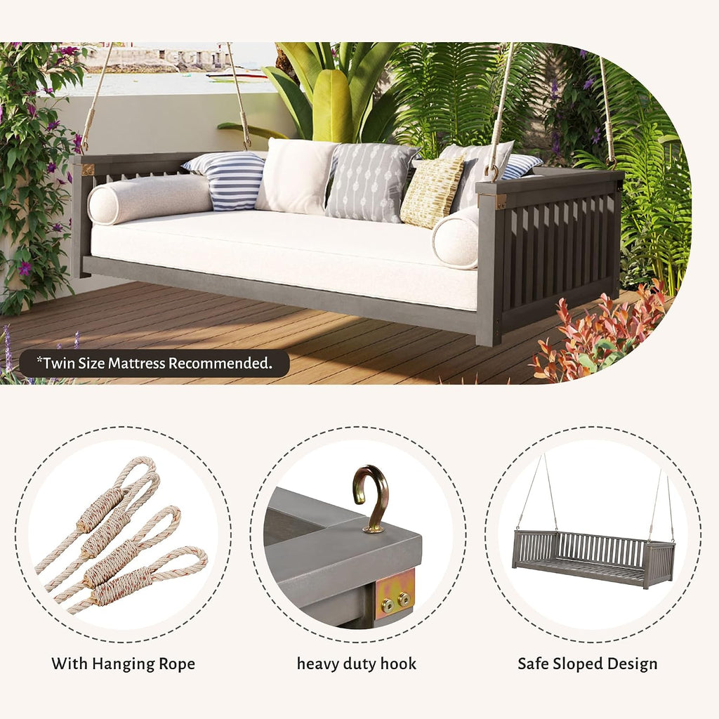 Porch Swing Bed, Acacia Wood Outdoor Daybed Swing, Spacious Design Fits Twin Mattress, 350 lbs Capacity, Garden
