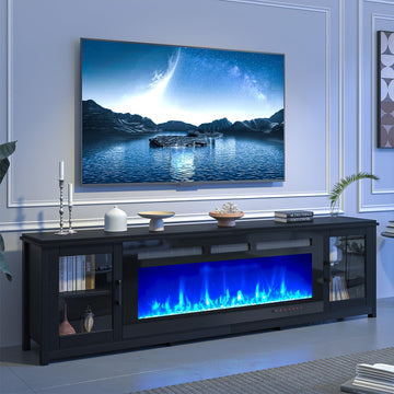 80" Fireplace TV Stand, Modern Entertainment Center with 50 Inch Electric Fireplace, Adjustable Shelf & Glass Door