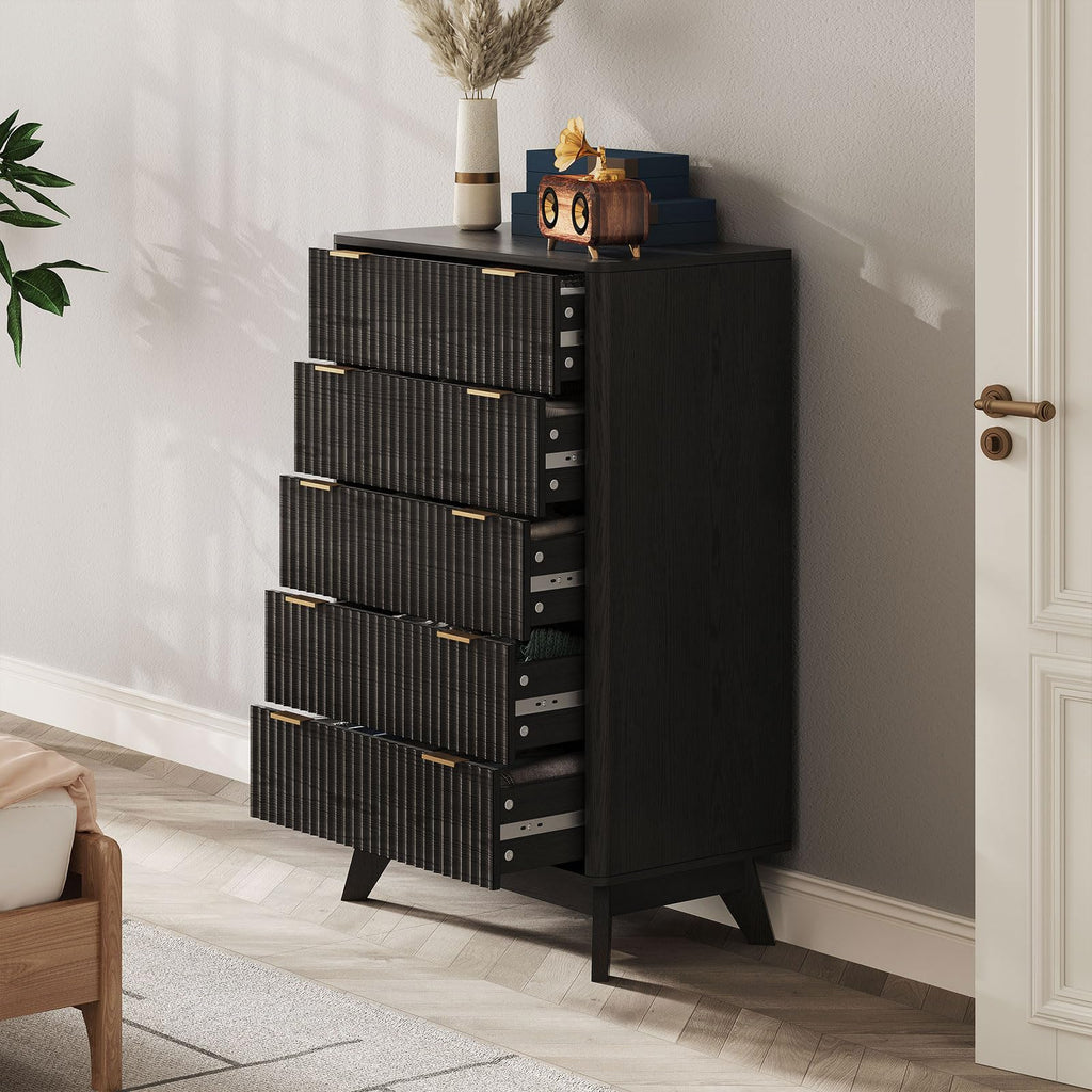 43" Hight Fluted 5 Drawers Dresser, Curved Edge, Black