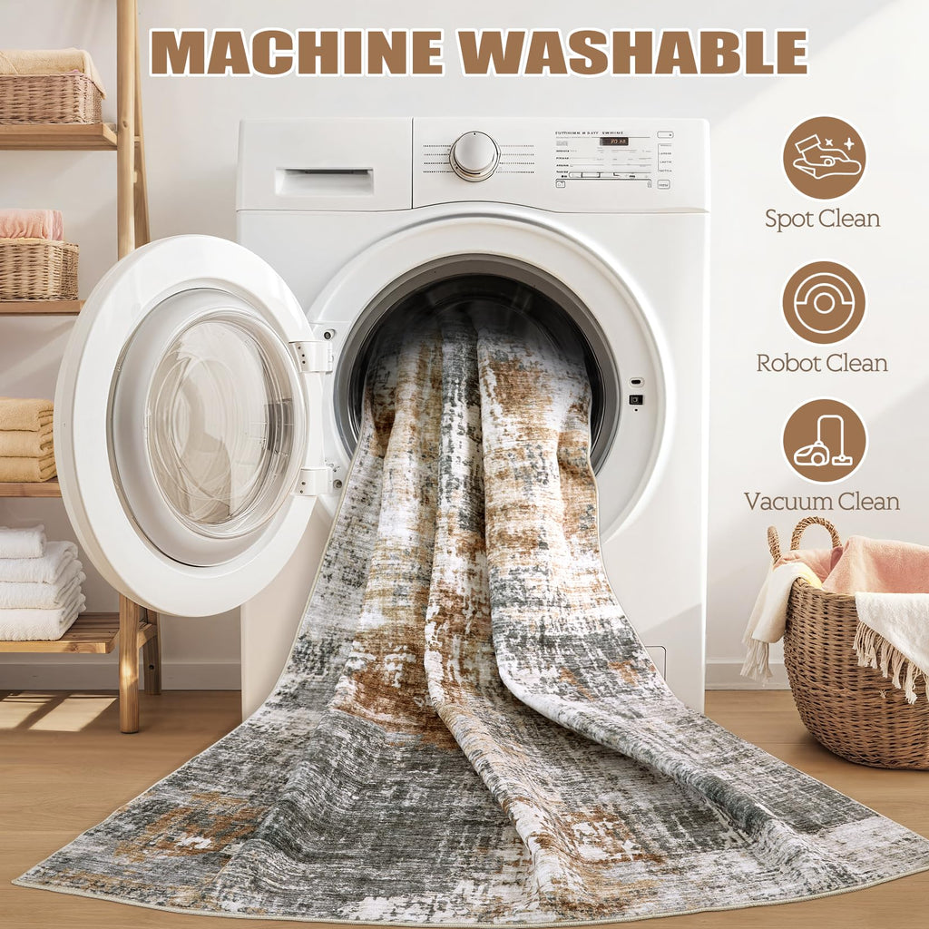 Washable Runner Rug : 2.6x12 Neutral Modern Abstract Low Pile Area Rug with Non-Slip Backing - Carpet Kitchen Laundry