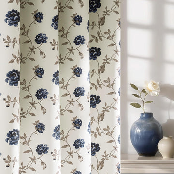 Floral 100% Blackout Curtains 84 Inches Long 2 Panels for Bedroom Living Room Blue Brown on Beige Vintage Rose Flower
