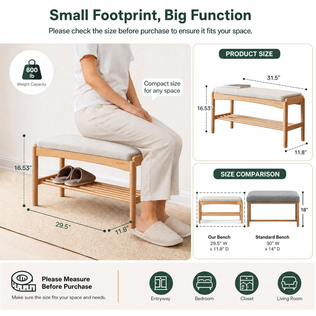 Solid Wood Shoe Bench, 32 Inch Entryway Bench with Light Gray Cushion