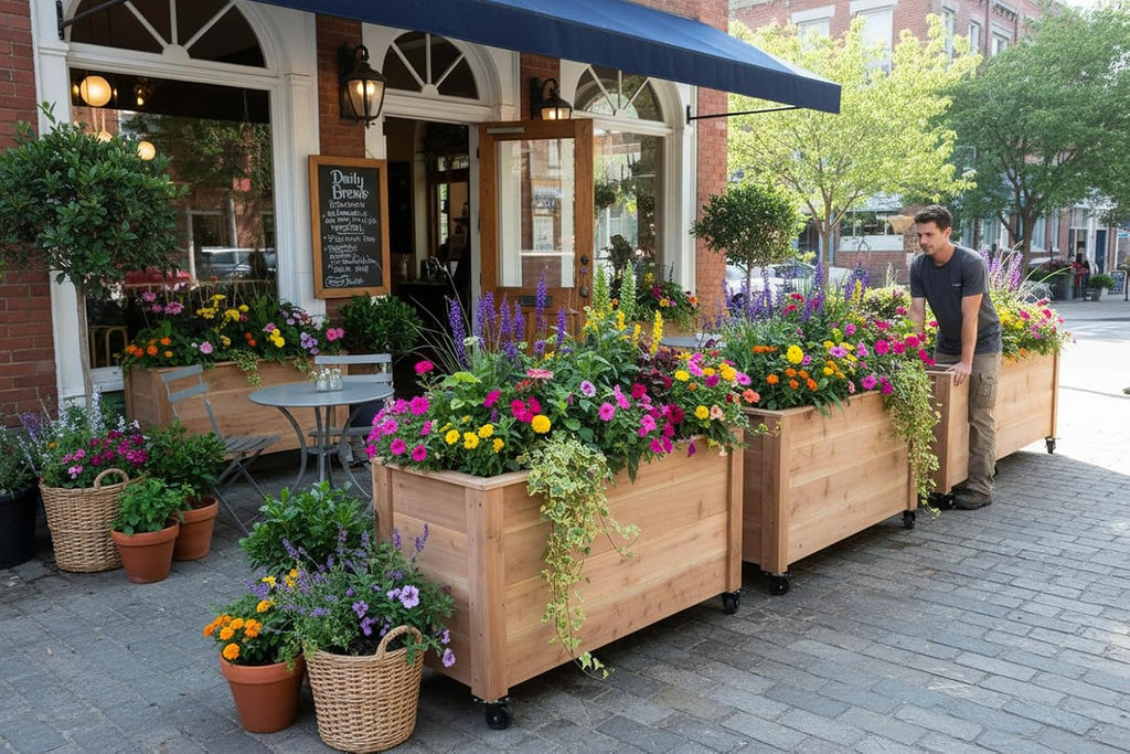 Tall Cedar Planter Box with Locking Wheels - Mobile Raised Garden Bed , Balcony & Business Entrances - Wooden Planter