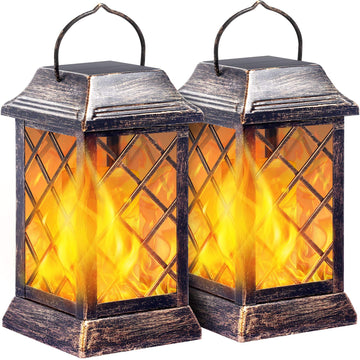 Flickering Flame Solar Lights Outdoor Metal Hanging Lantern, 2 Pack