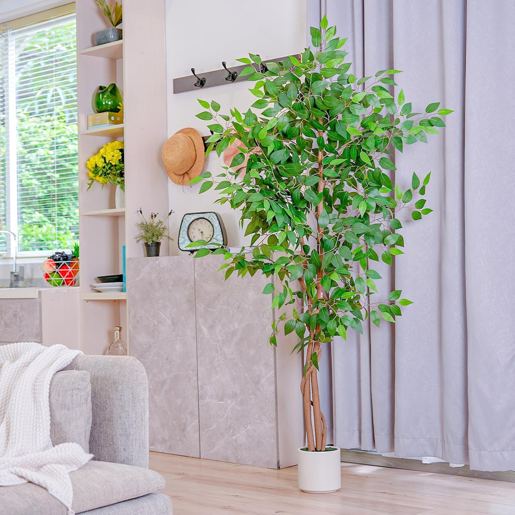 5FT Artificial Ficus Tree with White Planter, Realistic Faux Silk Indoor Outdoor Plant Living Room, Porch, Garden