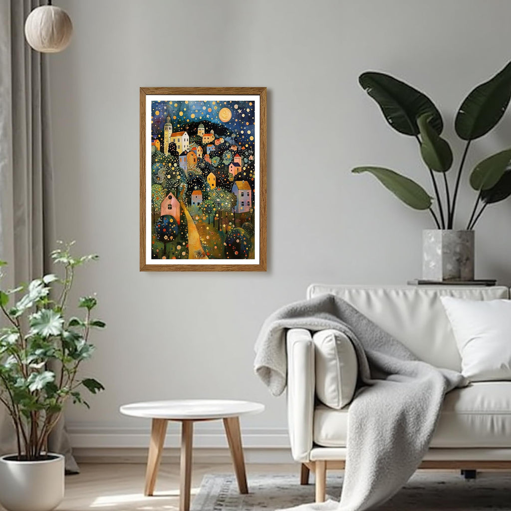 Gustav Klimt Style Village Night Wall Art Framed Canvas 16x24 inch