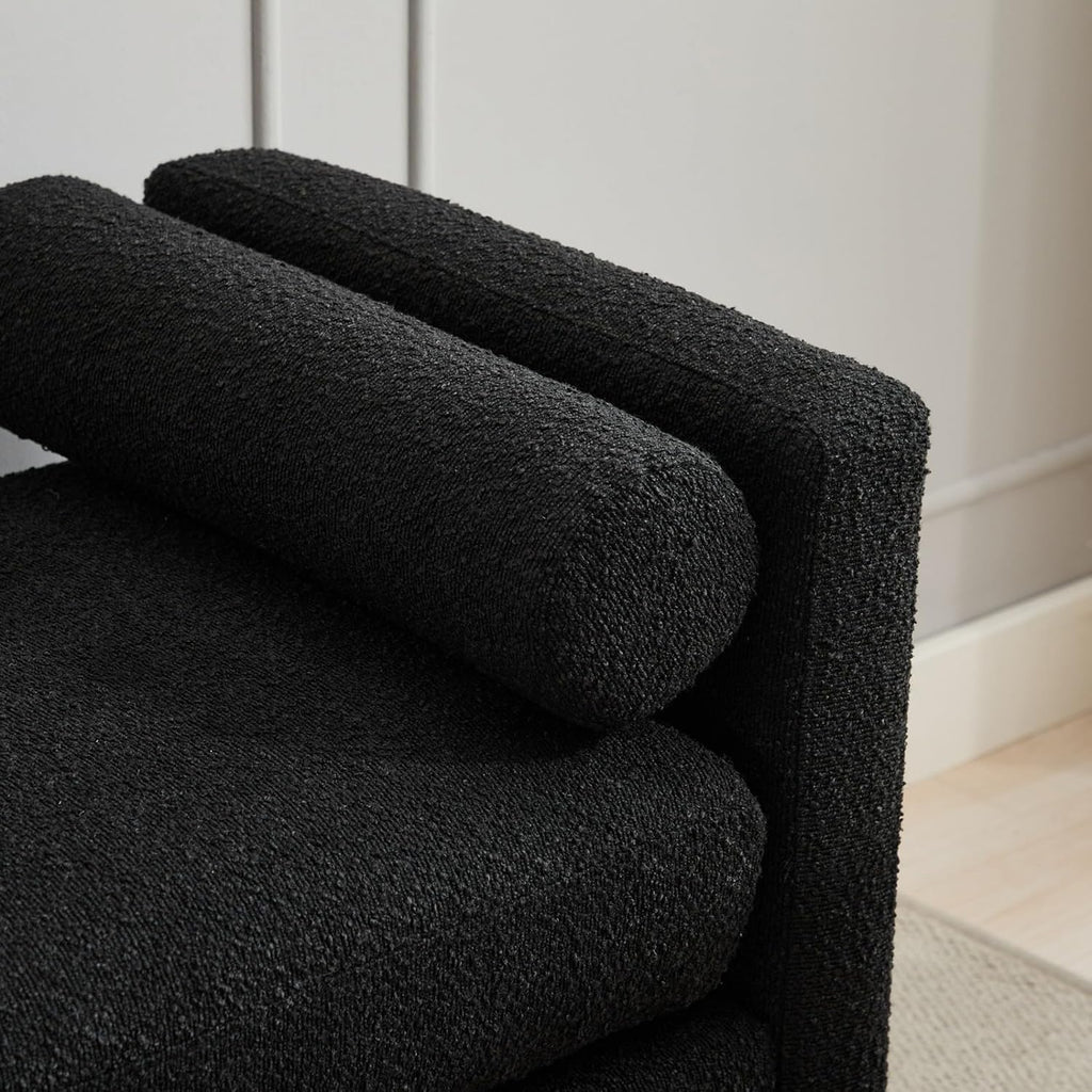 Oversize Boucle Bench Ottoman with 2 Bolster Pillows & Wood Legs, Upholstered End of Bed Daybed Seating, Foot Rest
