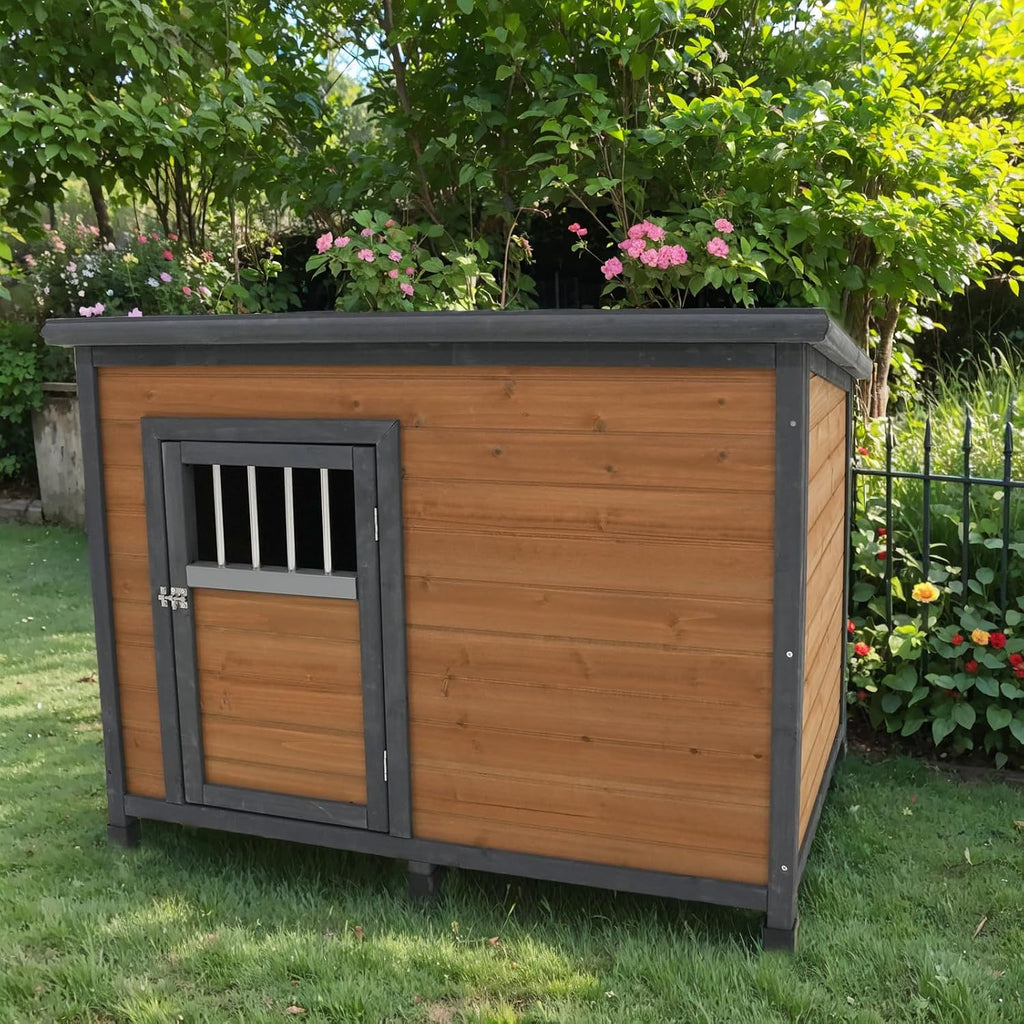 45" Large Wooden Dog House for Large Dogs, Outdoor Weatherproof Dog Kennel with PVC Roof, Lockable Breathable Wooden