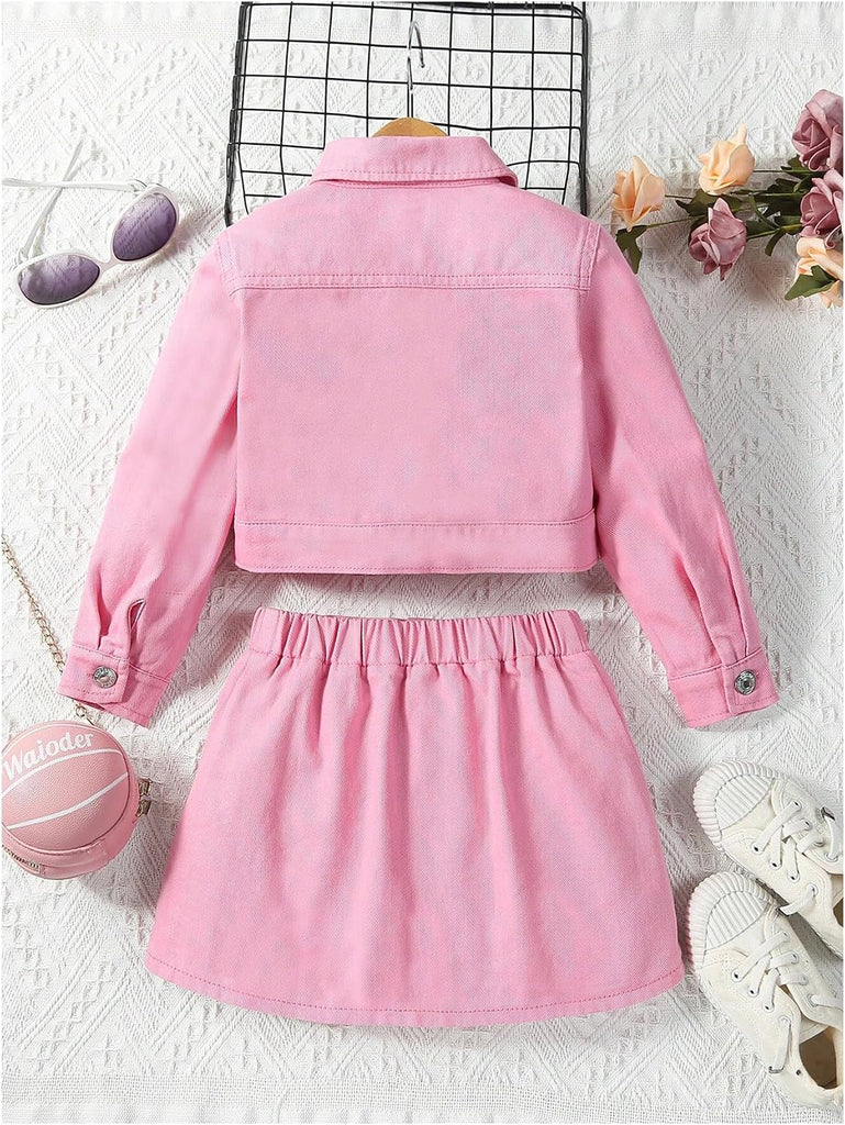Girl's 2 Piece Outfits Button Front Long Sleeve Denim Jacket and A Line Skirt Set