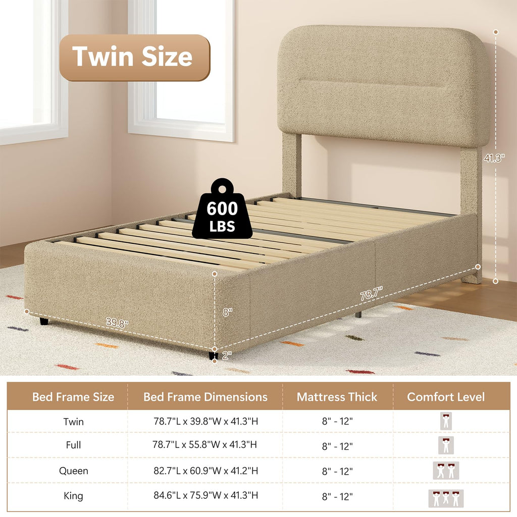 Twin Boucle Bed Frame, Beige Twin Upholstered Bed Frame
