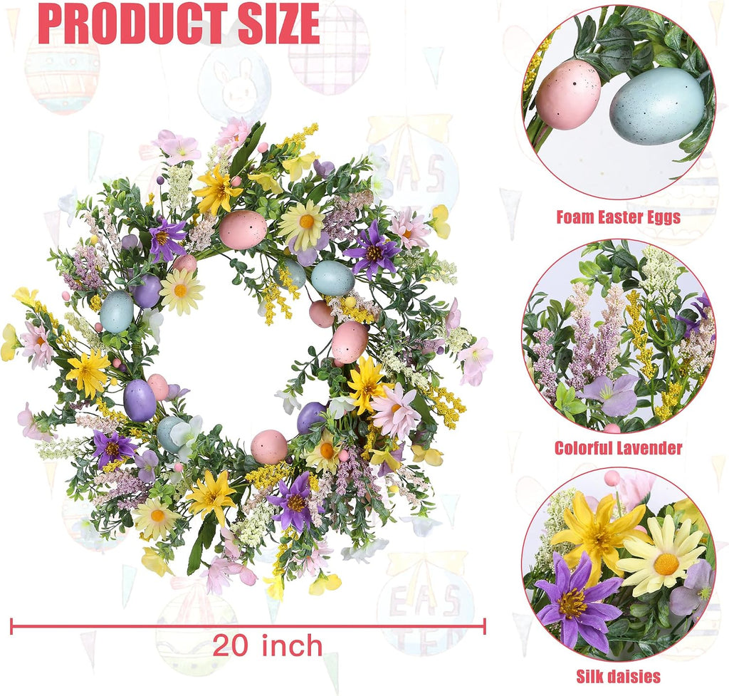 20 Inch Easter Wreath with Spring Artificial Flower Colorful Eggs Daisies Lavender Eucalyptus Leaves for Front Door