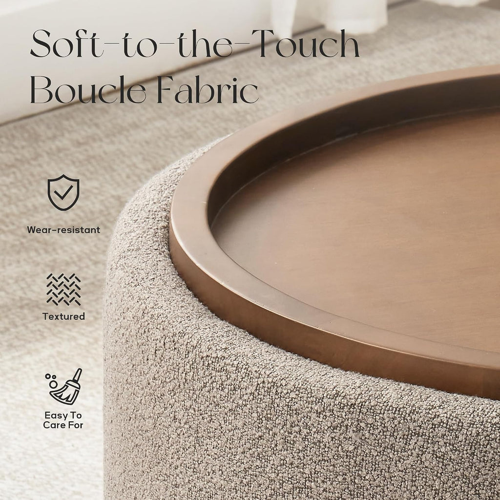 30 Inch Round Storage Ottoman, Ottoman Coffee Table with Lift Off Lid, Boucle Modern Ottomans with Storage s (Brown)