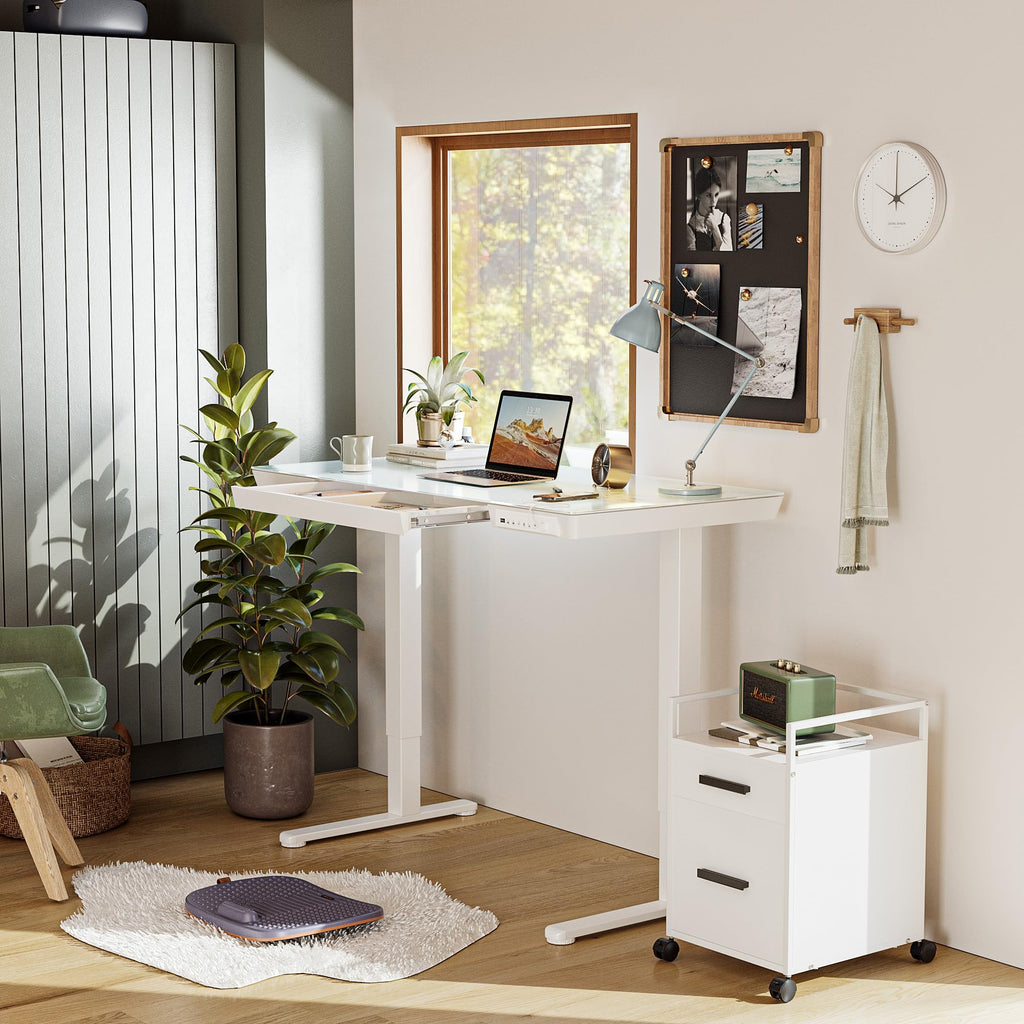 48 Inch One-Piece Standing Desk with Glass Top and Drawer, White