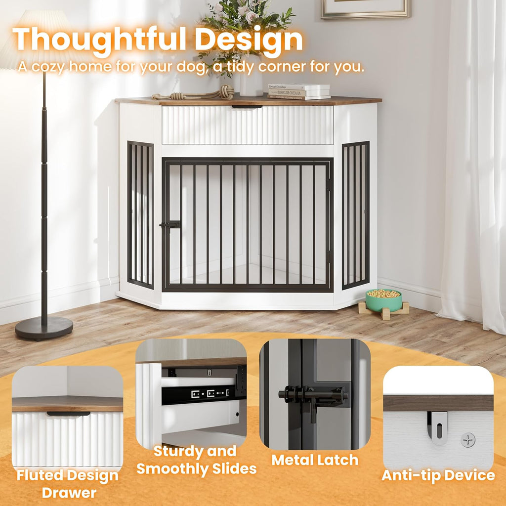 Corner Dog Crate Furniture with Corner Fit Design, Wooden Dog Kennel with Fluted Storage Drawer, Decorative