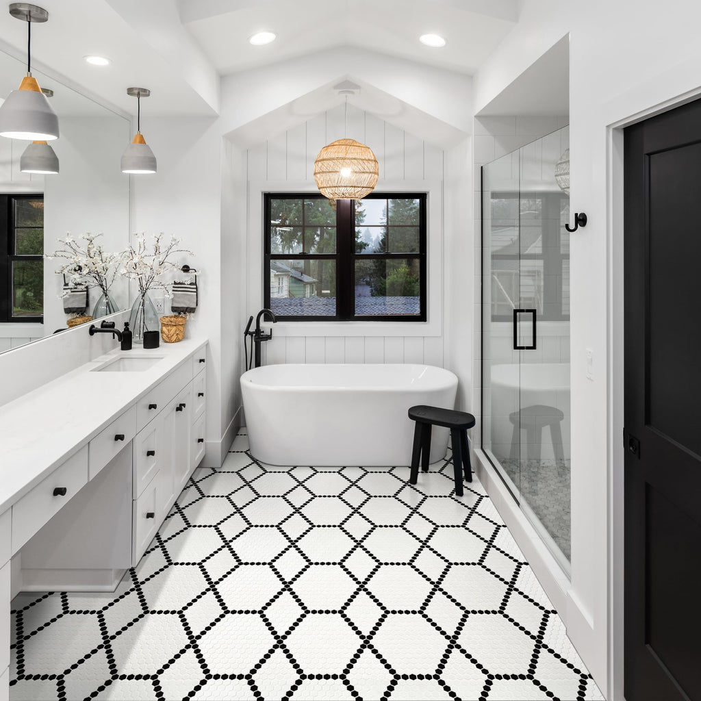 Porcelain Wall Tile | White and Black Hive Pattern | 11.73" x 11.85"