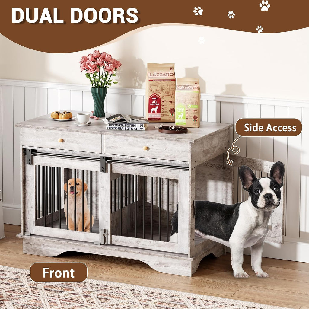 Multi-Functional Large Wooden Dog Crate Furniture - Double Kennel End Table with 2 Storage Drawers & Removable