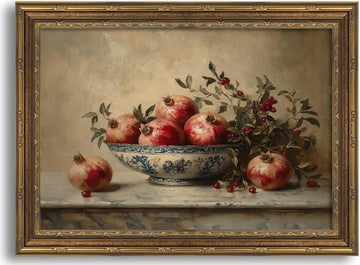 Framed Vintage Pomegranate Still Life Wall Art, Moody Kitchen Canvas Wall Decor, Rustic Fruit Bowl Painting, for Your