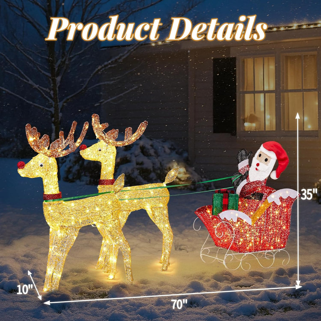 6FT Lighted Christmas Reindeer and Sleigh Outdoor Decorations, 2 Reindeer Pulling Santa's Sleigh, Warm White LED
