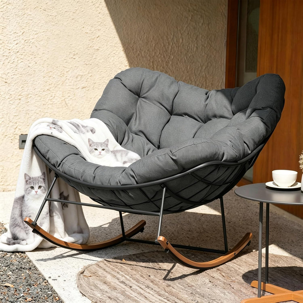 Oversized Papasan Rocking Chair with Thickened Cushion, Heavy-Duty Cozy Egg Chair, Large Comfy Lounge Chair for
