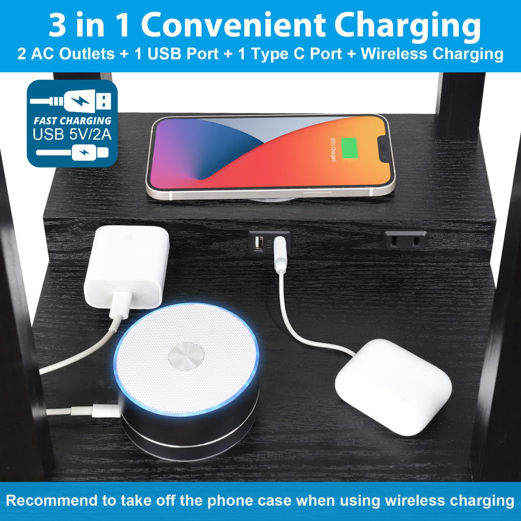 Shelf Floor Lamp with Wireless Charger, USB, Type C, AC Port, Black