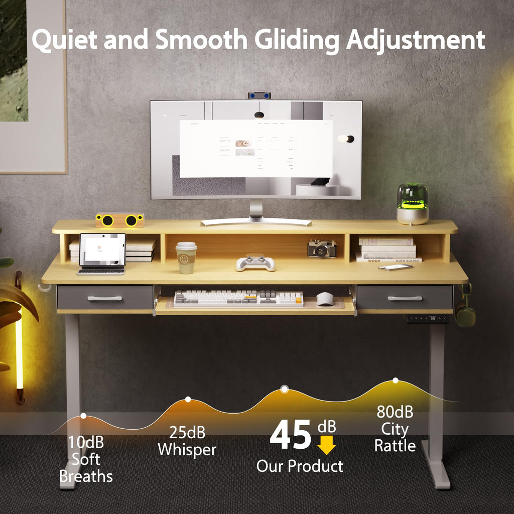 63 Inches Electric Standing Desk with Keyboard Tray, Height Adjustable Sit to Stand Table with 2 Drawers, Ergonomic