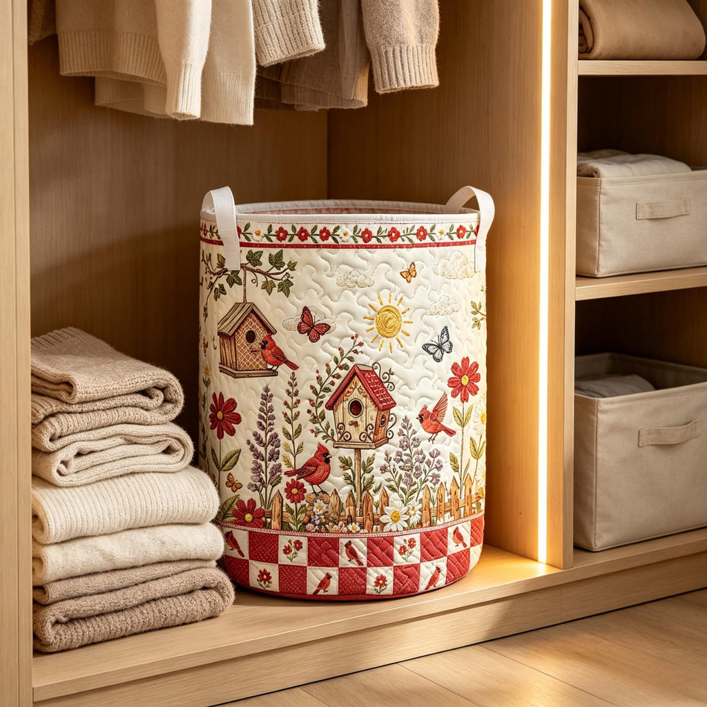 Cardinal Farmhouse Quilted Laundry Hamper, Vintage Storage Basket