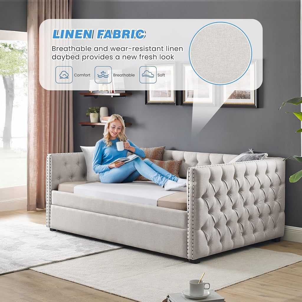 Daybed with Trundle, Modern Upholstered Full Size Button-Tufted Sofa Bed Frame with A Roll-Out Trundle, No Box Spring