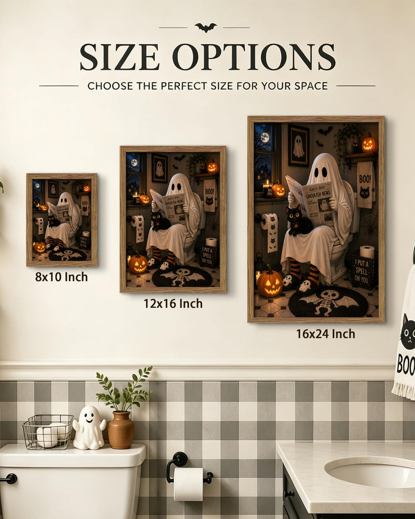 Funny Halloween Bathroom Wall Art, Ghost Black Cat Framed Canvas Print Poster, Cute Spooky Restroom Wall Decor