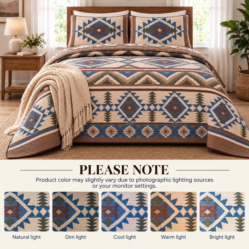 Rustic Western Southwestern Native American Tribal Navajo Design Oversized Bedspread Quilt Set in Beige Taupe Brown