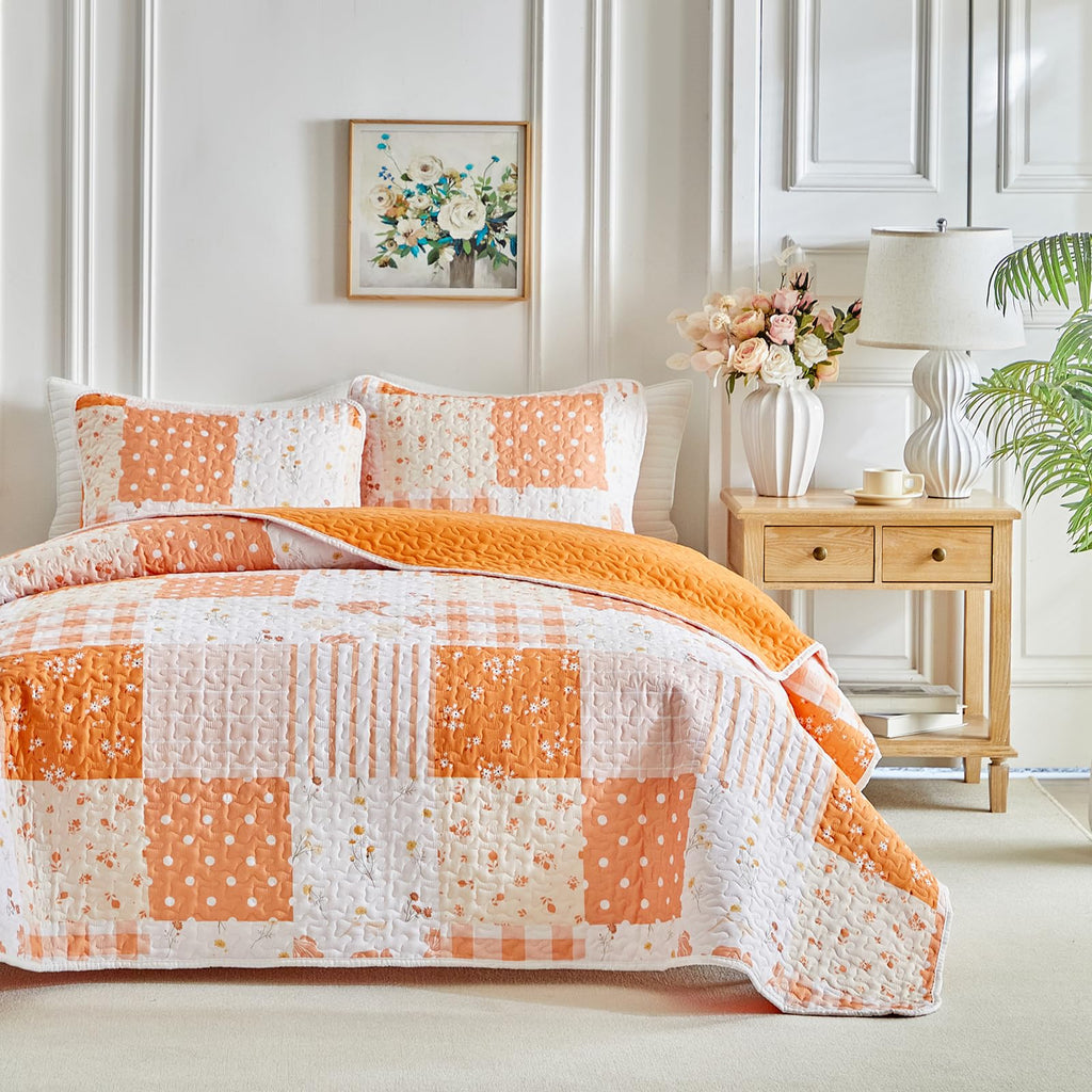 Floral Patchwork Quilt Set, 3 Pieces Orange Flower Plaid Bedspread Coverlet Set, Lightweight Soft