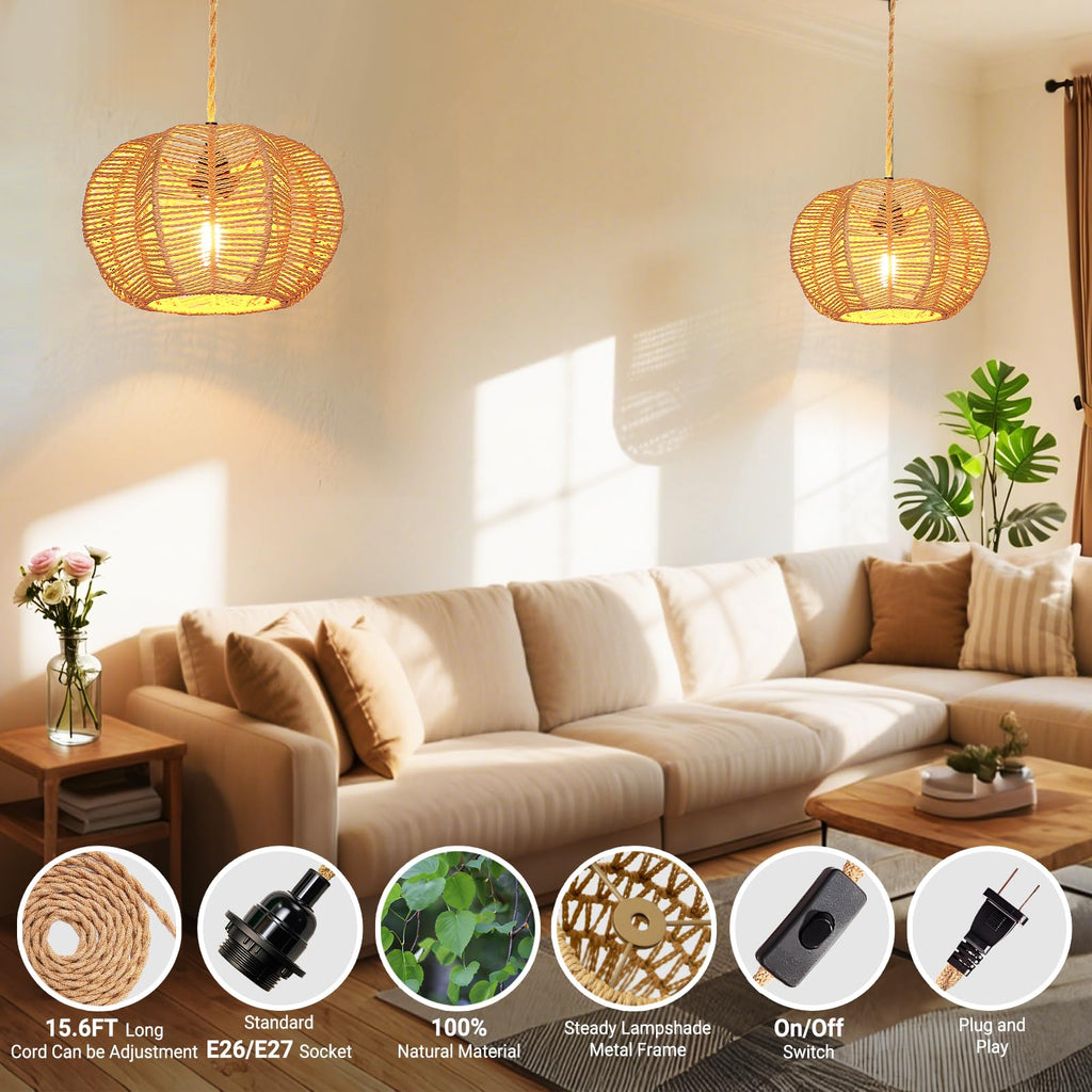 Hanging Light Fixture with Plug in Cord with on Off Switch, Rattan Pendant Lights Boho Lamp Ceiling Light, Plug in