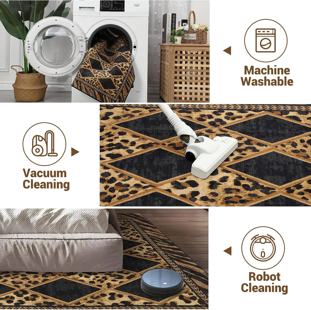Checkered Leopard Print Area Rug, Soft Low Pile Non-Slip Large Living Room Rugs Machine Washable Indoor Carpet Dining