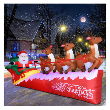 10FT Christmas Inflatable Santa Claus on Sleigh with 3 Reindeer, Blow Up Yard Clearance with LED Lights Built-in