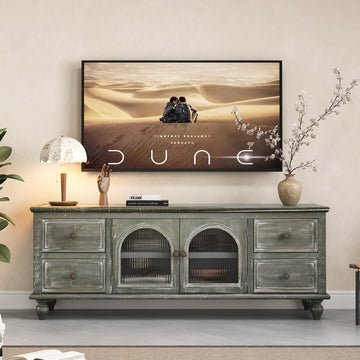 60" Solid Wood TV Stand, Media Console with Glass Doors & Drawers