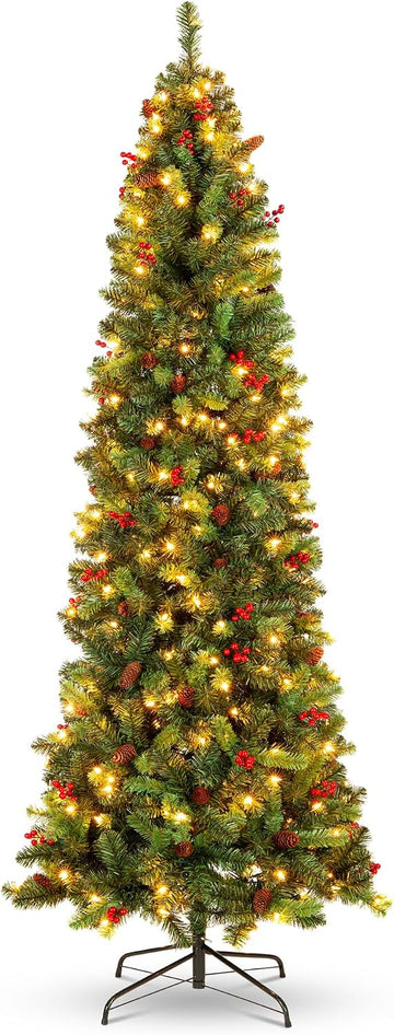 Pre-Lit Spruce Pencil Christmas Tree Pre-Decorated w/Twinkling LED Lights Holiday Decoration w/ 250 Lights, 618