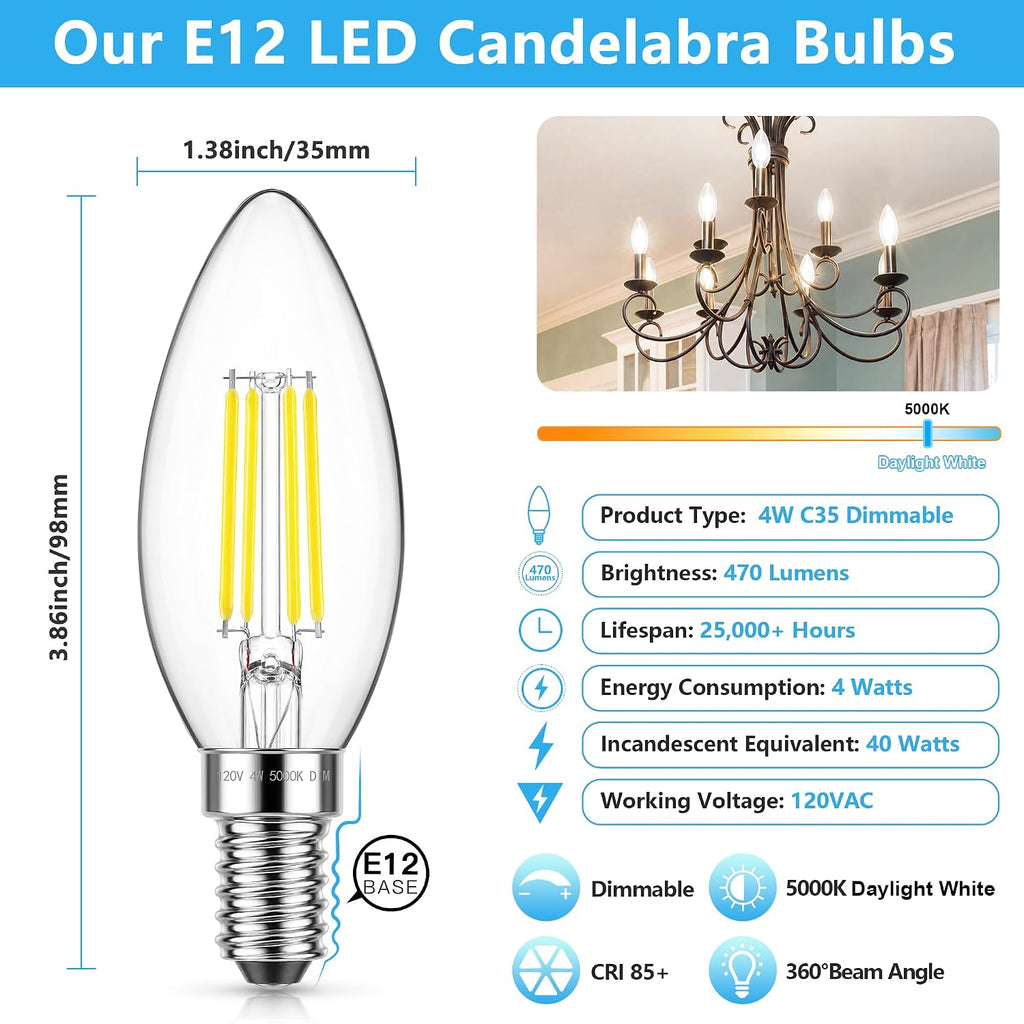 Dimmable LED E12 Candelabra Bulb 5000K Daylight White 12-Pack