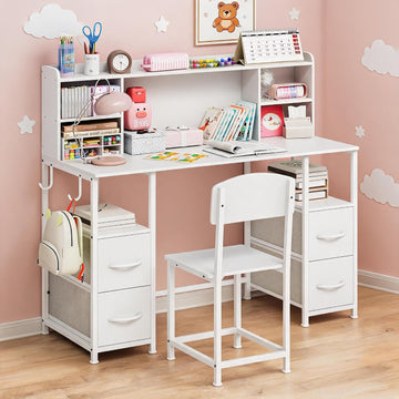 Kids Desk and Chair Set w/Hutch 4 Drawers Metal Frame Study Table, White