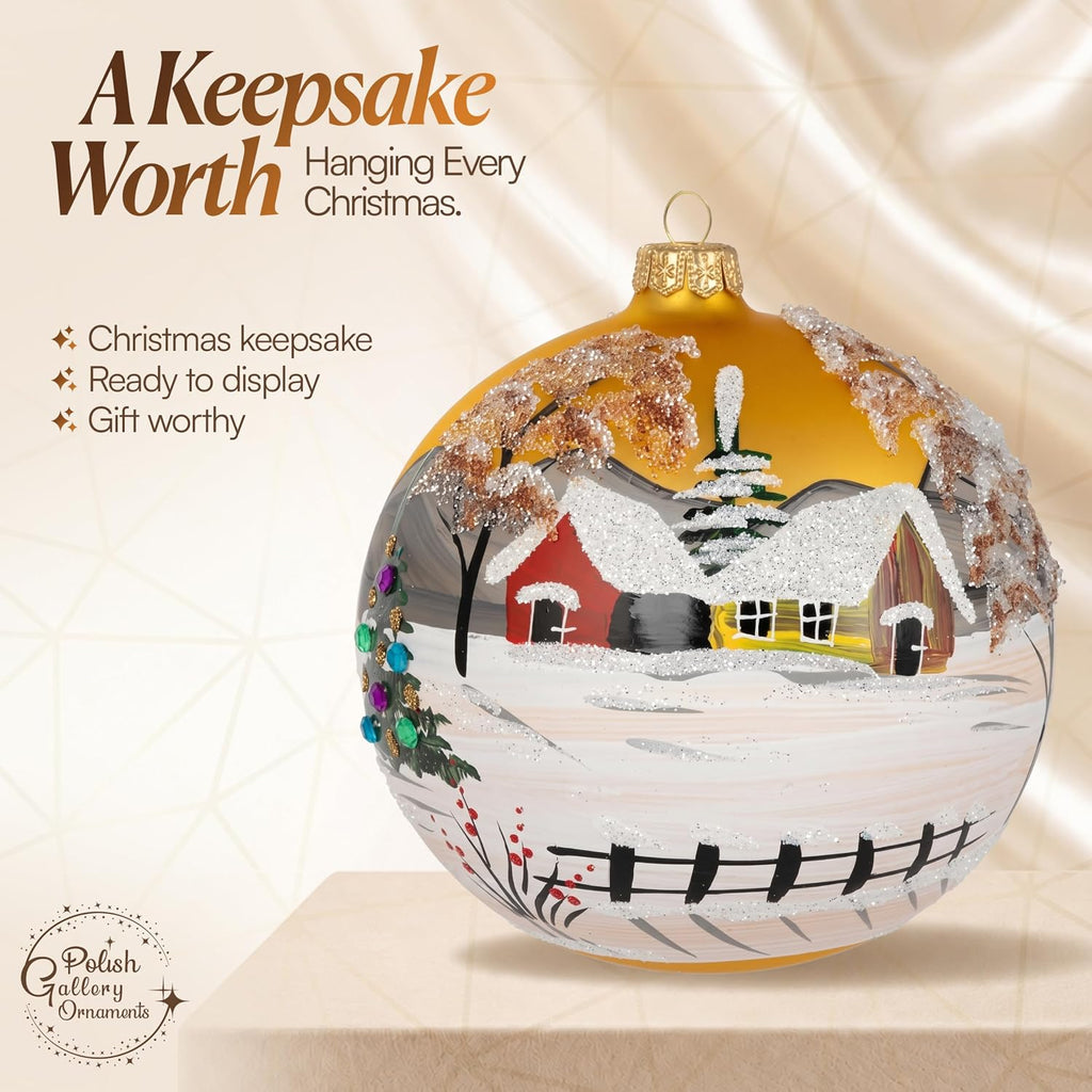 Hand Blown Glass Ball Christmas Ornament, 5 in, Countryside Gold
