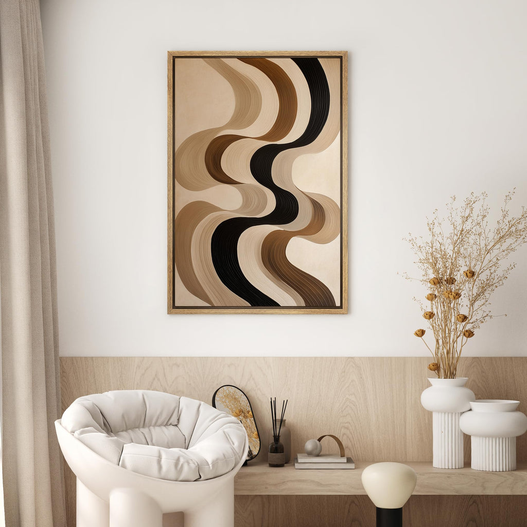 Framed Framed Canvas Wall Art Neutral Wave Abstract Textured Modern Multicolor - 24"x36" Natural