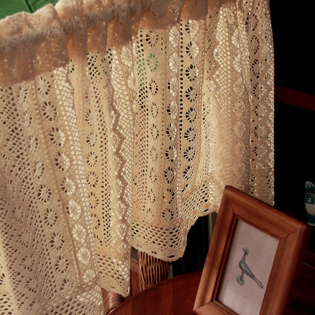 Short Curtain for Small Window Rustic Boho Cotton Geometric Hollow Crochet Lace Semi Transparent Cabinet Curtain Door