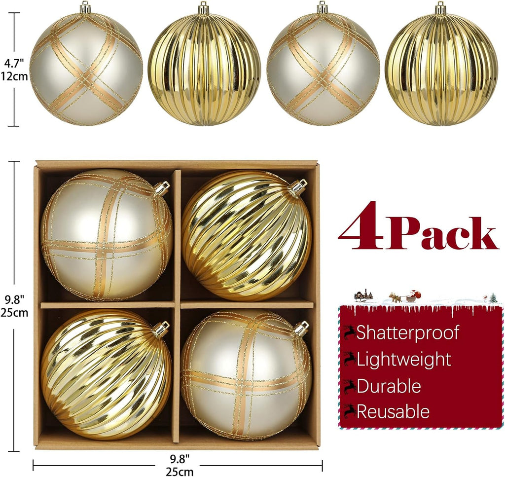 4.7" Large Plastic Christmas Balls Ornaments Set of 4, Glitter Shatterproof Christmas Bulbs Ornaments for Xmas Tree