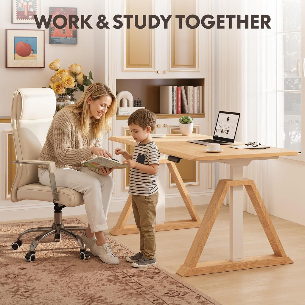 60 x 30 Inch Oak Executive Standing Desk, Natural | Japandi-Inspired Sit-Stand Desk, Architectural V-Frame Design