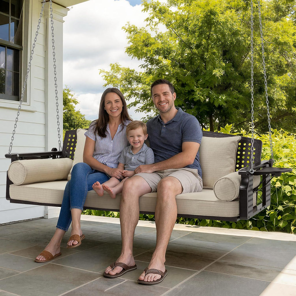 3 Seat Hanging Porch Swing, Patio Swing Bench with Cup Holders & 3 Back Cushions, Swing Chair with Chains for Deck