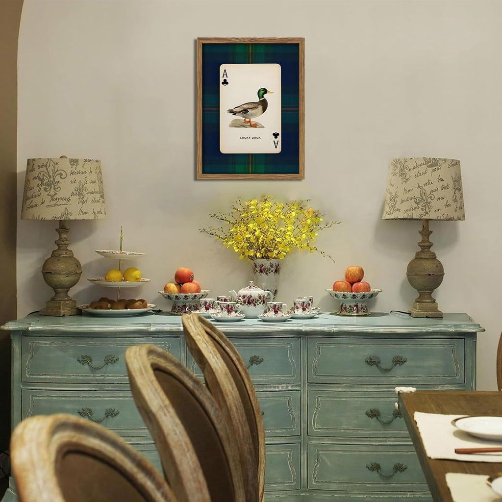 Framed Vintage Mallard Duck Wall Art, Country Lucky Duck Wildlife Poker Wall Decor Painting, Nature Rustic Farmhouse