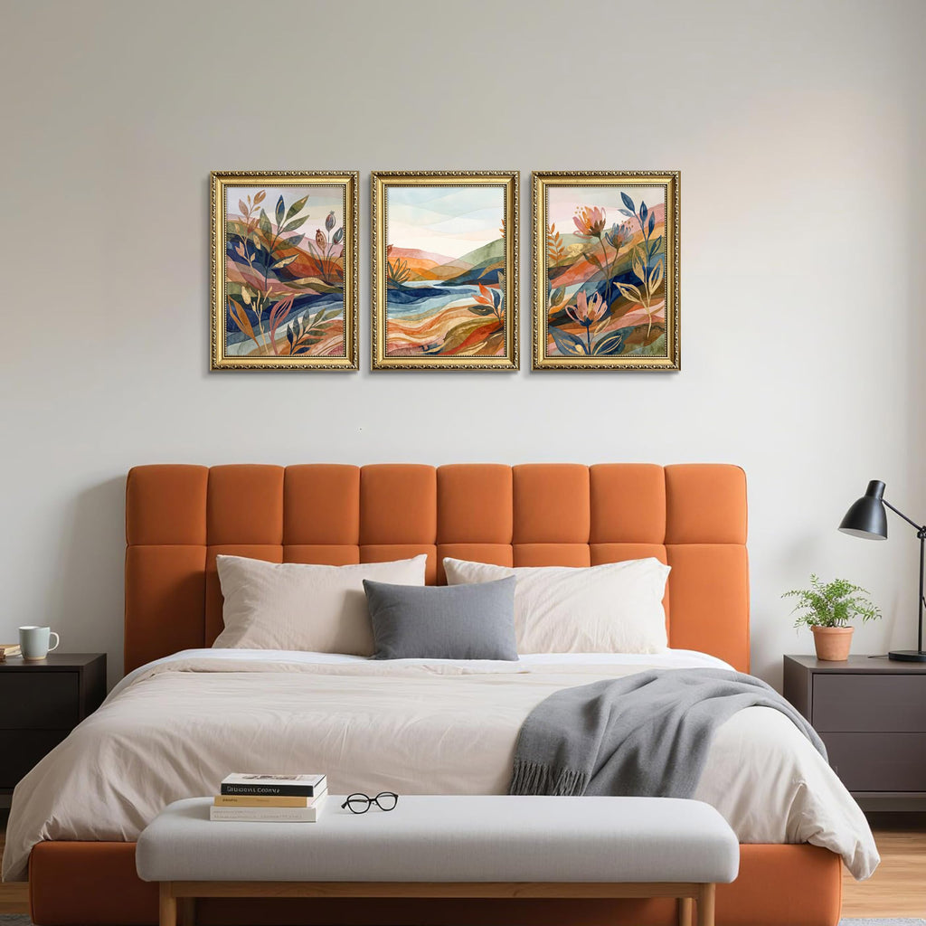 Gold Framed Abstract Landscape Wall Art Set of 3, Colorful Botanical Mountain Picture Wall Decor, Boho Nature Canvas